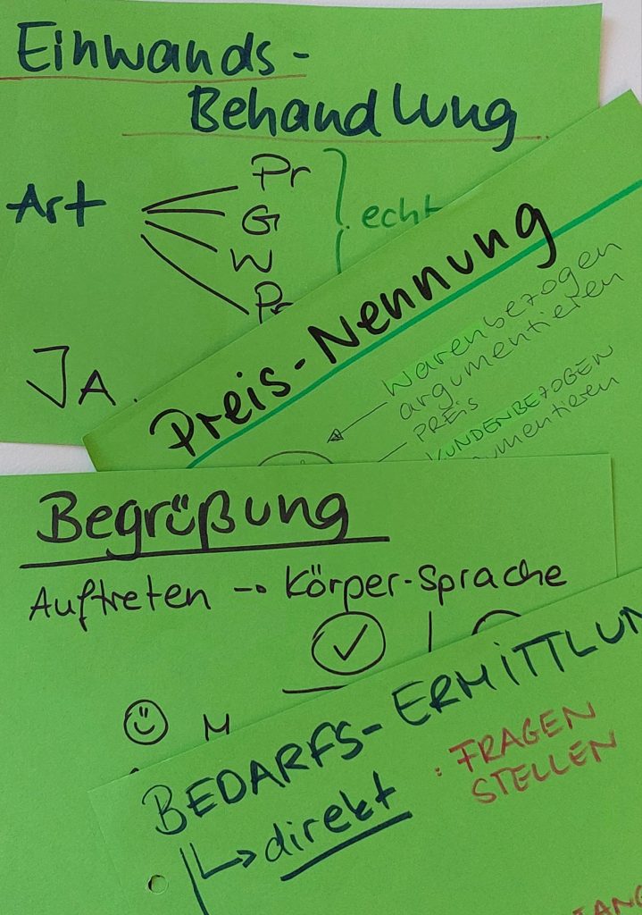 Grüne Notizzettel sind abgebildet. Auf ihnen ist zu lesen, wie man in verschiedenen Situationen im Verkauf handelt. 